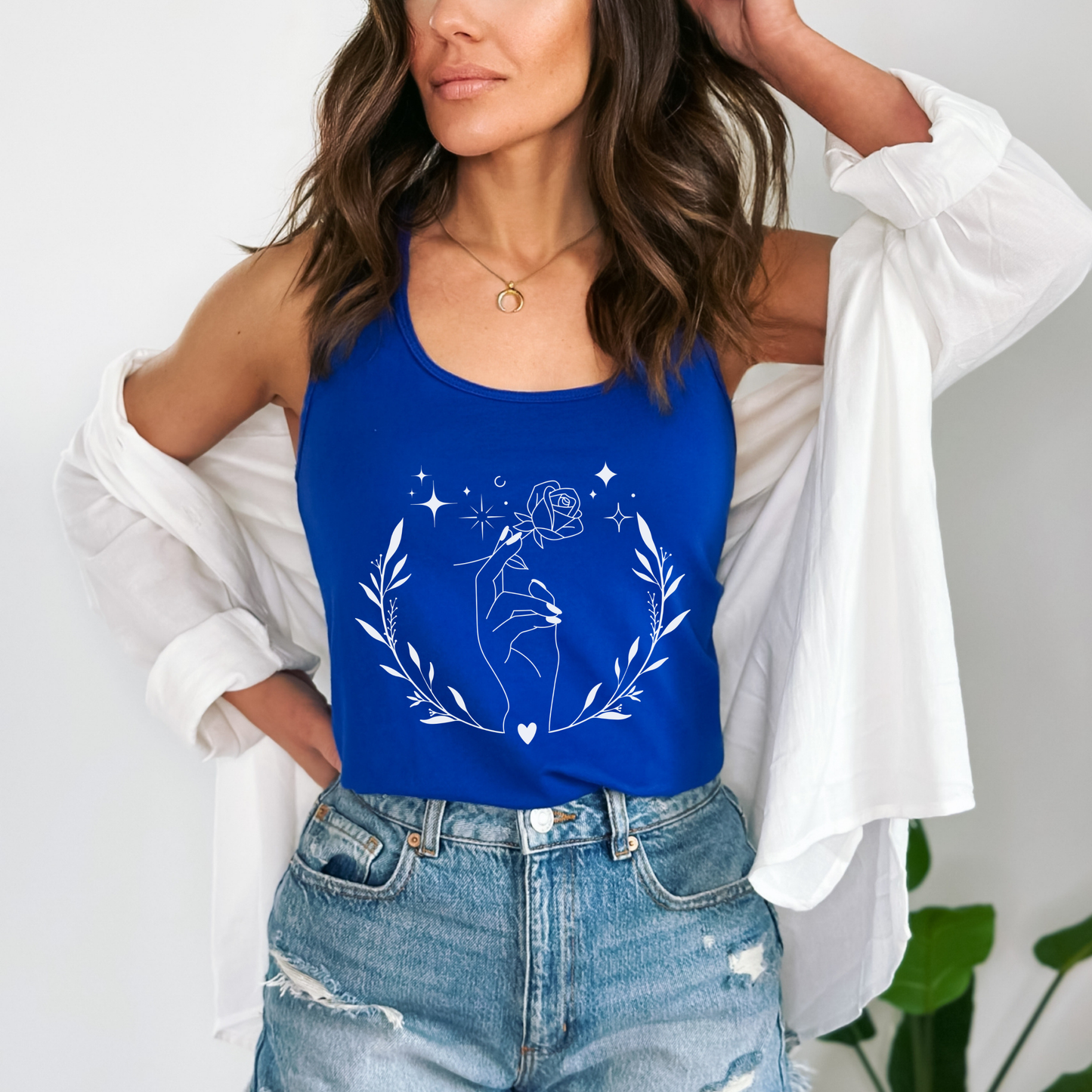 Floral Hand Leaf Circle Racerback Tank Top