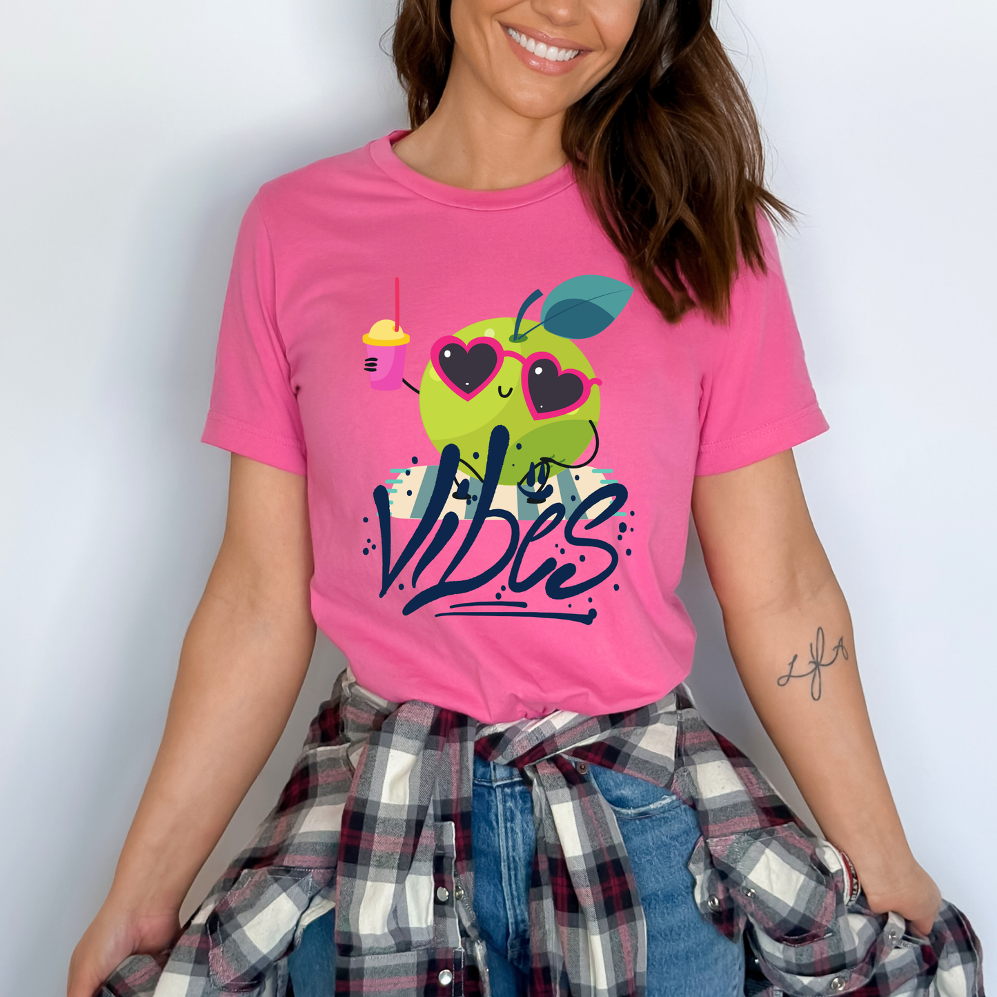 Funny Green Apple Character in Sunglasses Sitting on Beach Drinking Soda Having Fun on Summer Vacation& Vibes Graffiti typography