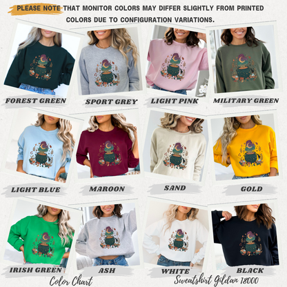 Color chart for sweatshirts with various colors and a graphic design.