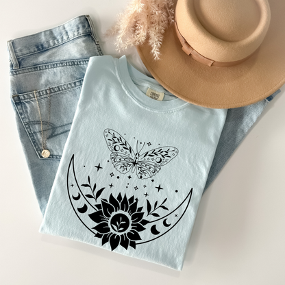 Boho Moon Phases, Sunflower & Butterfly T-Shirt