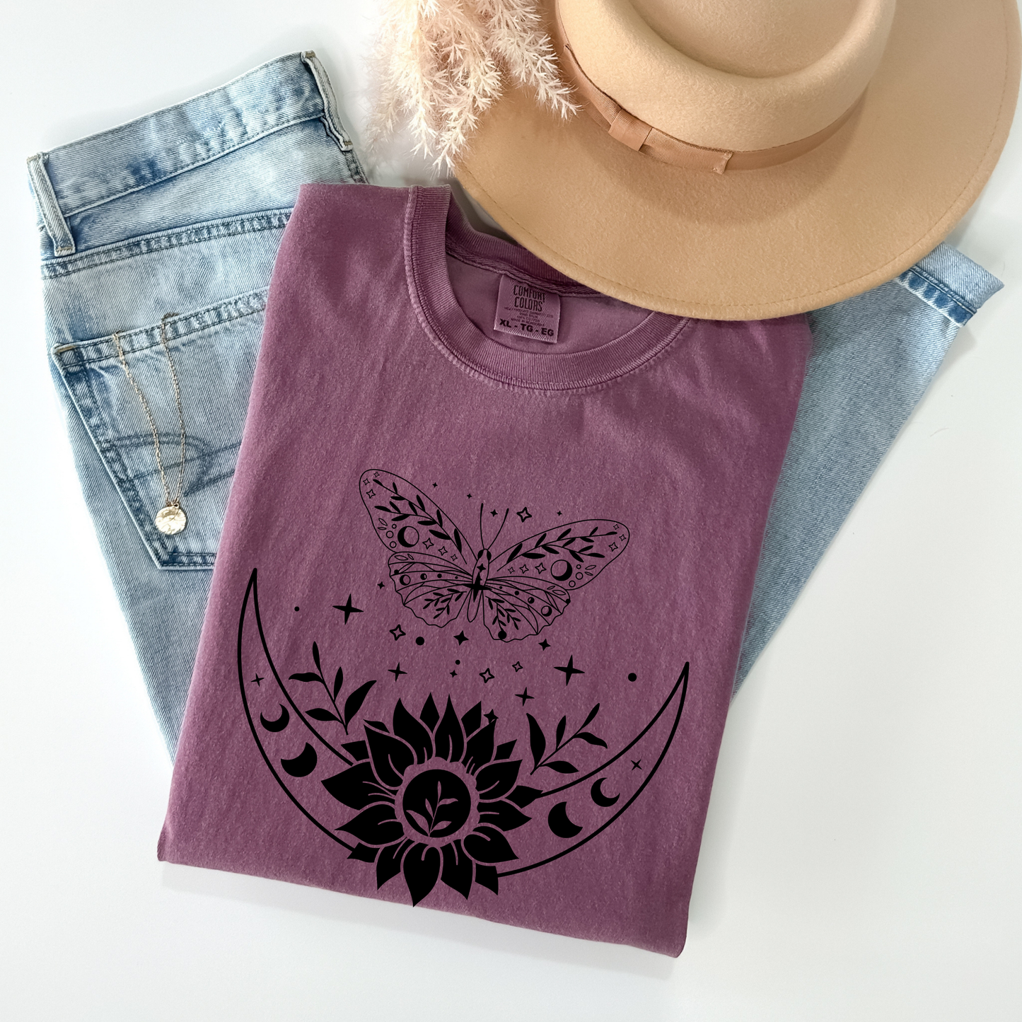 Boho Moon Phases, Sunflower & Butterfly T-Shirt
