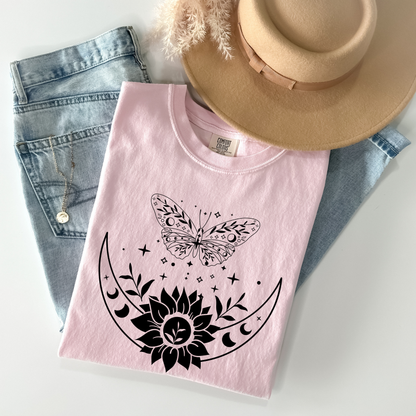 Boho Moon Phases, Sunflower & Butterfly T-Shirt