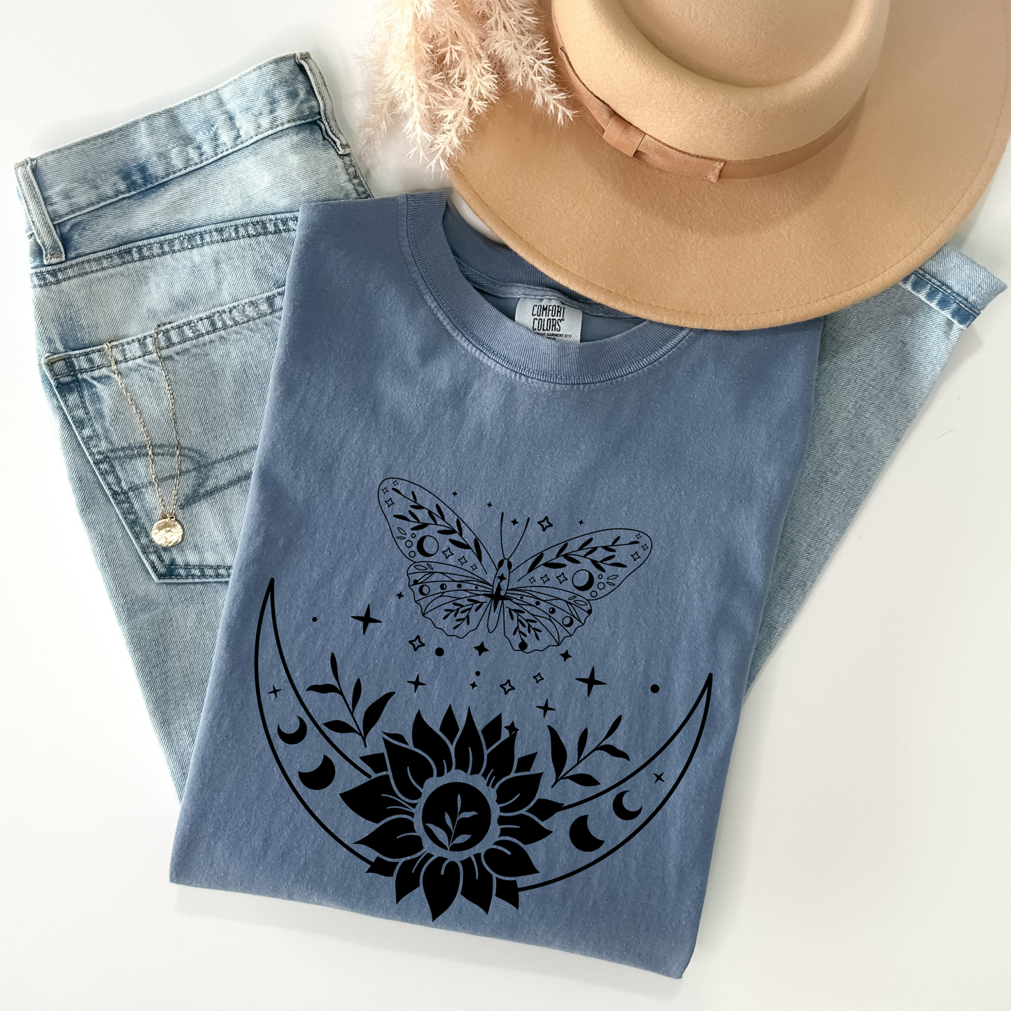 Boho Moon Phases, Sunflower & Butterfly T-Shirt