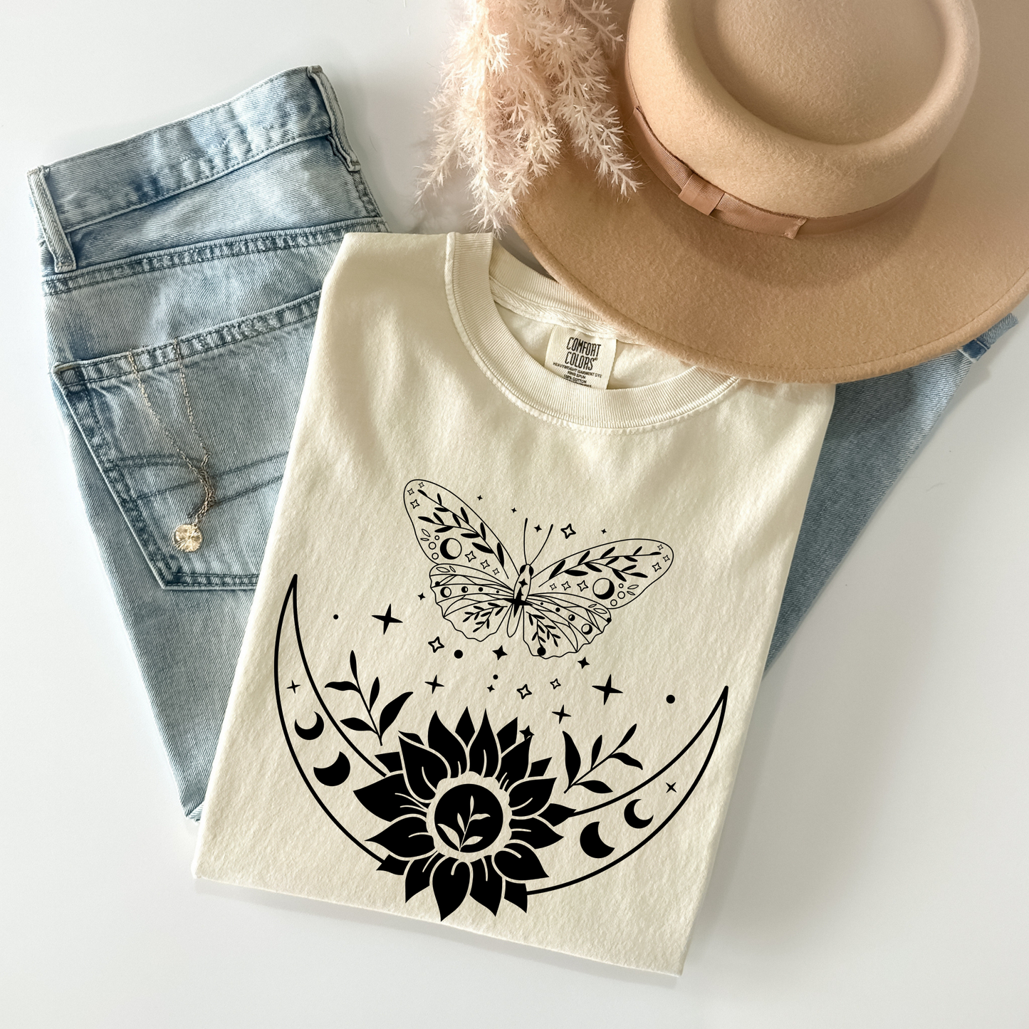 Boho Moon Phases, Sunflower & Butterfly T-Shirt