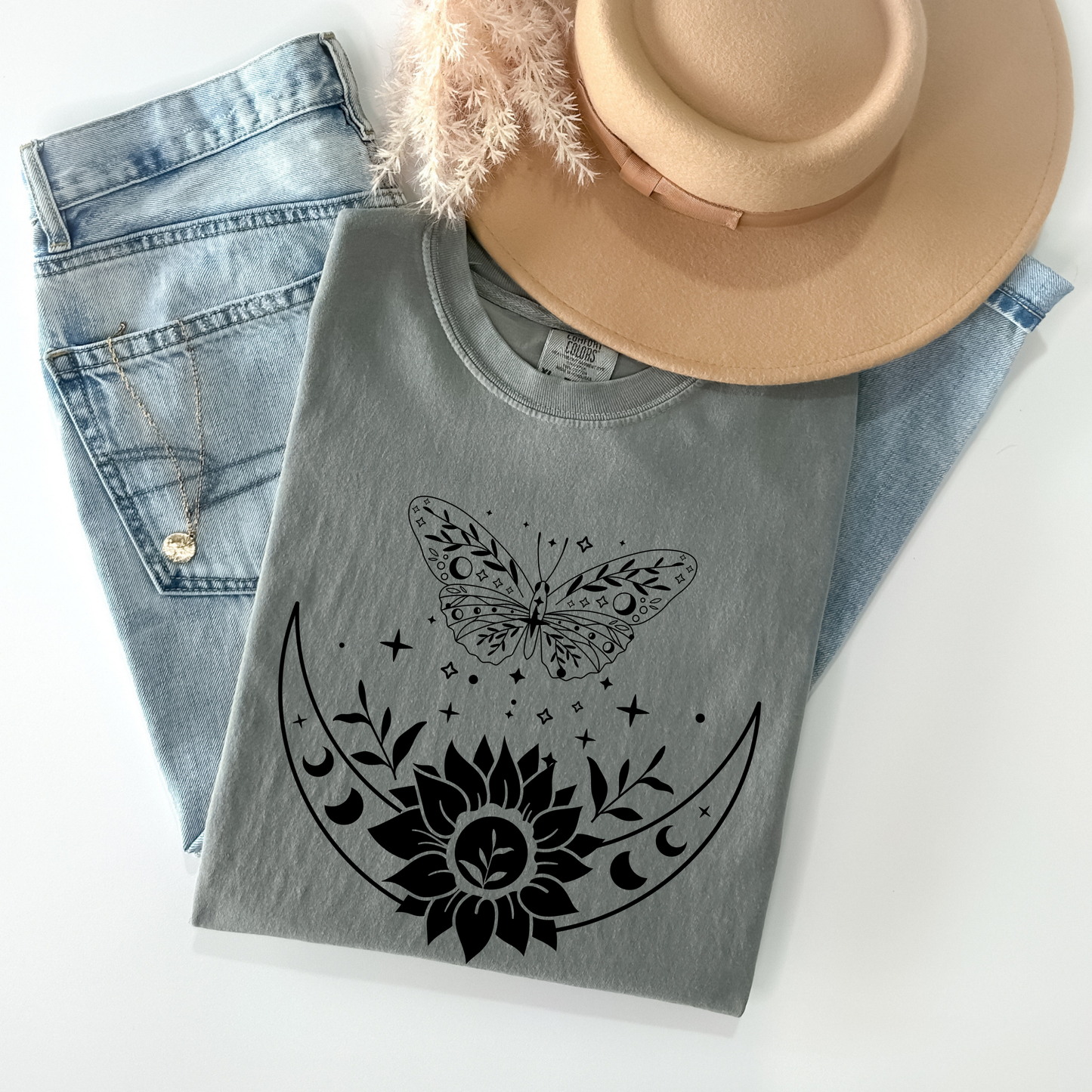 Boho Moon Phases, Sunflower & Butterfly T-Shirt