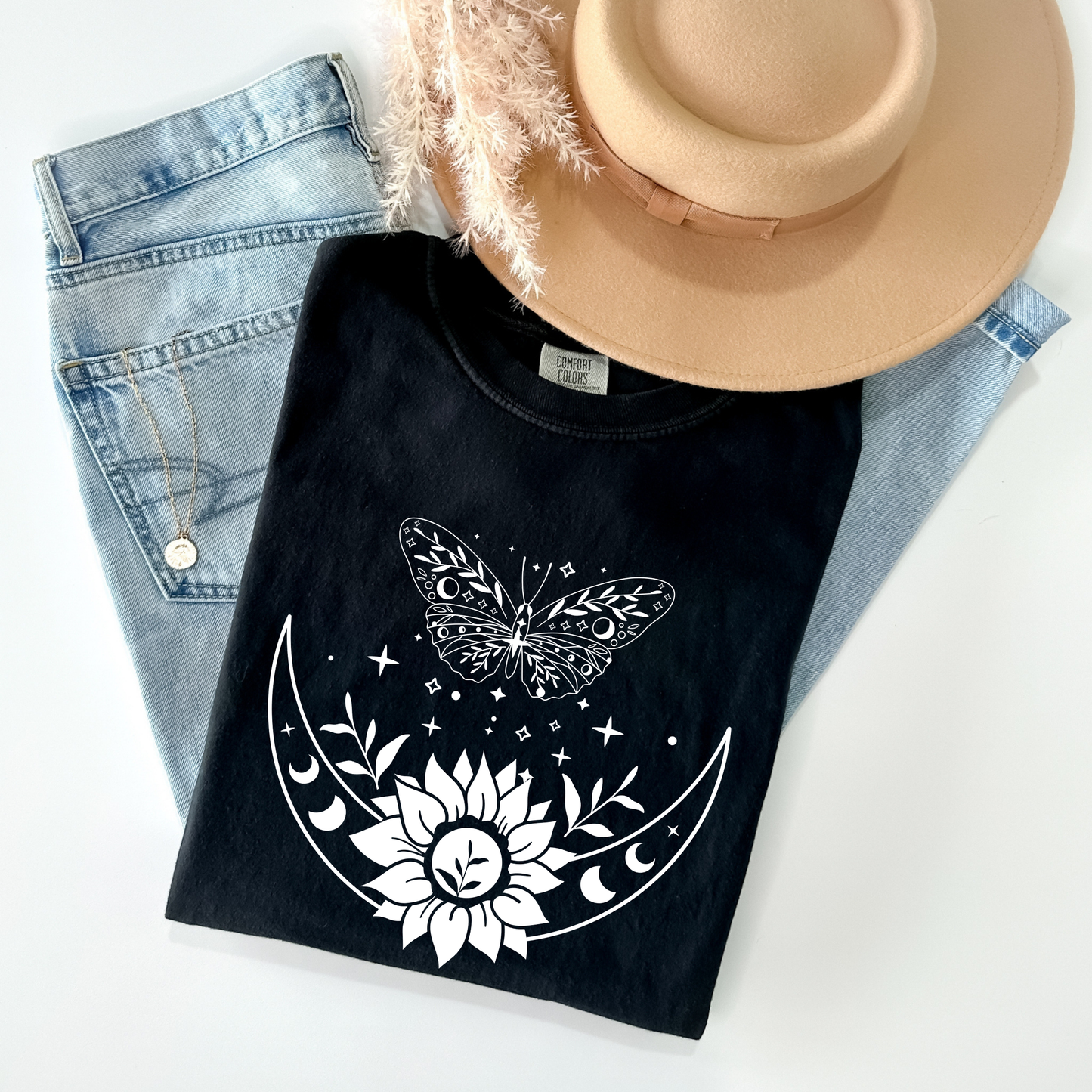 Boho Moon Phases, Sunflower & Butterfly T-Shirt