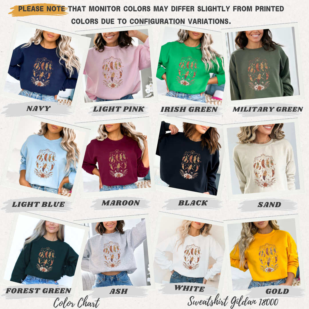 Color chart of sweatshirts in various colors with corresponding labels.