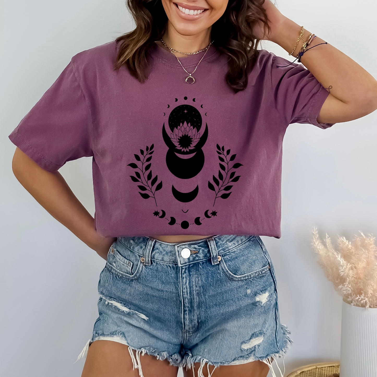 Lotus Floral Moon Phases Celestial T-Shirt