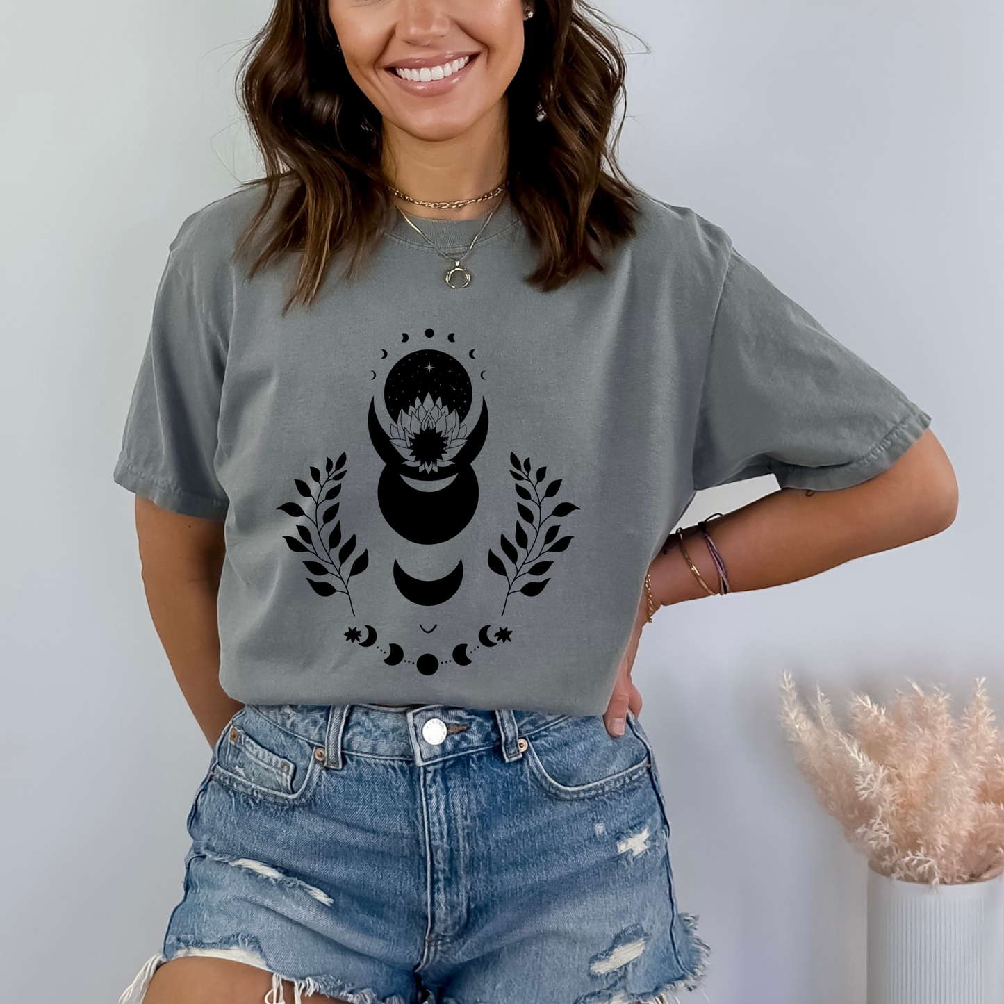 Lotus Floral Moon Phases Celestial T-Shirt