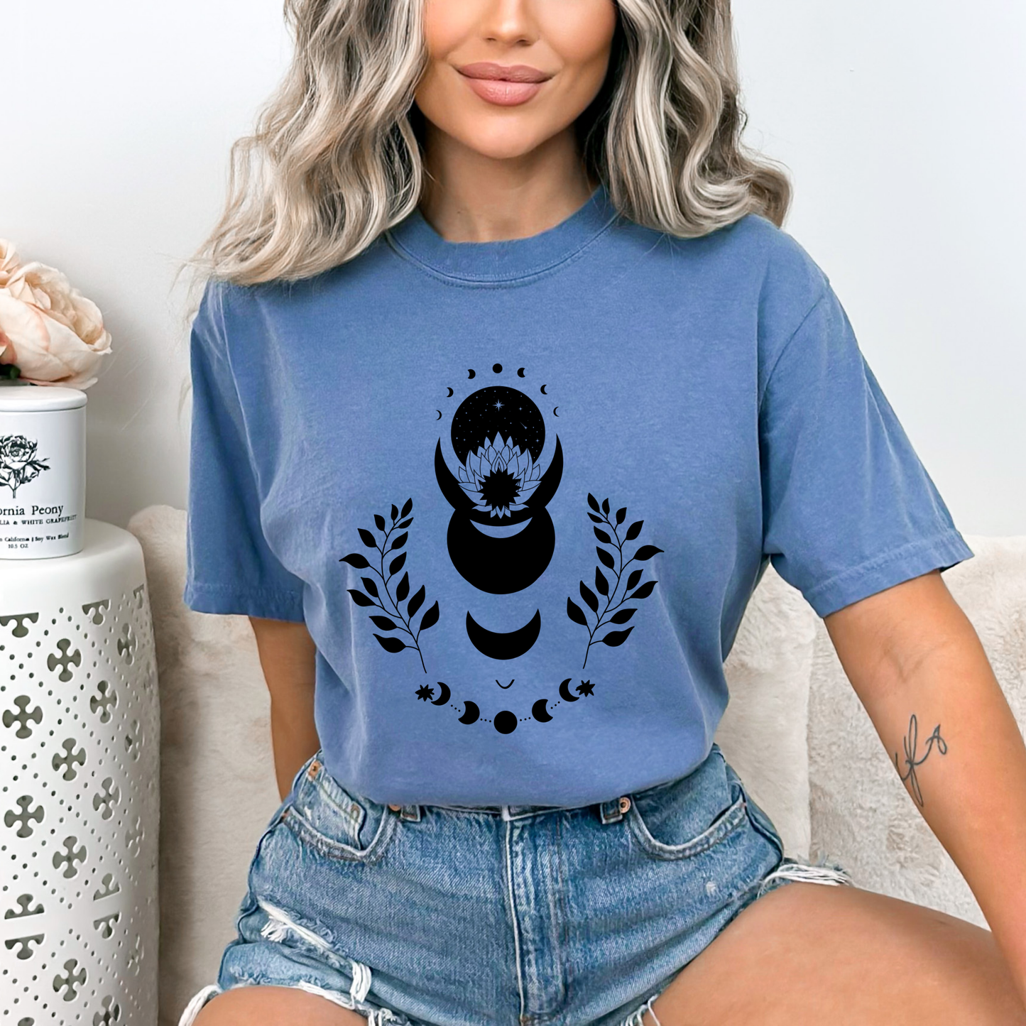 Lotus Floral Moon Phases Celestial T-Shirt