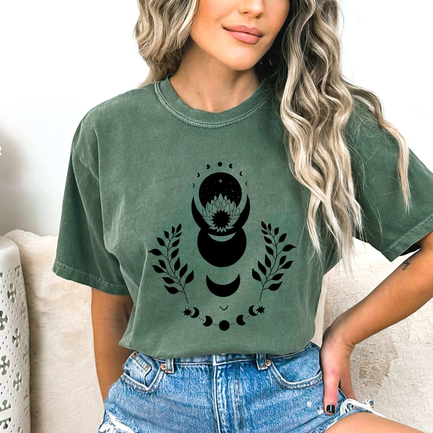 Lotus Floral Moon Phases Celestial T-Shirt