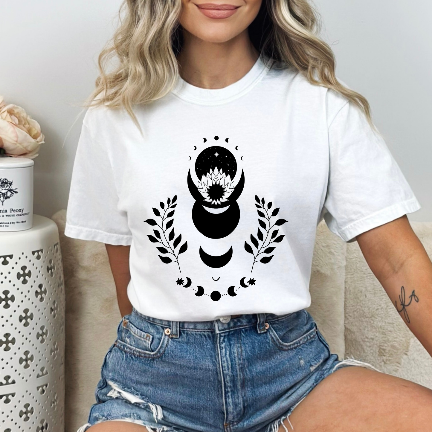 Lotus Floral Moon Phases Celestial T-Shirt