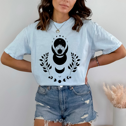 Lotus Floral Moon Phases Celestial T-Shirt