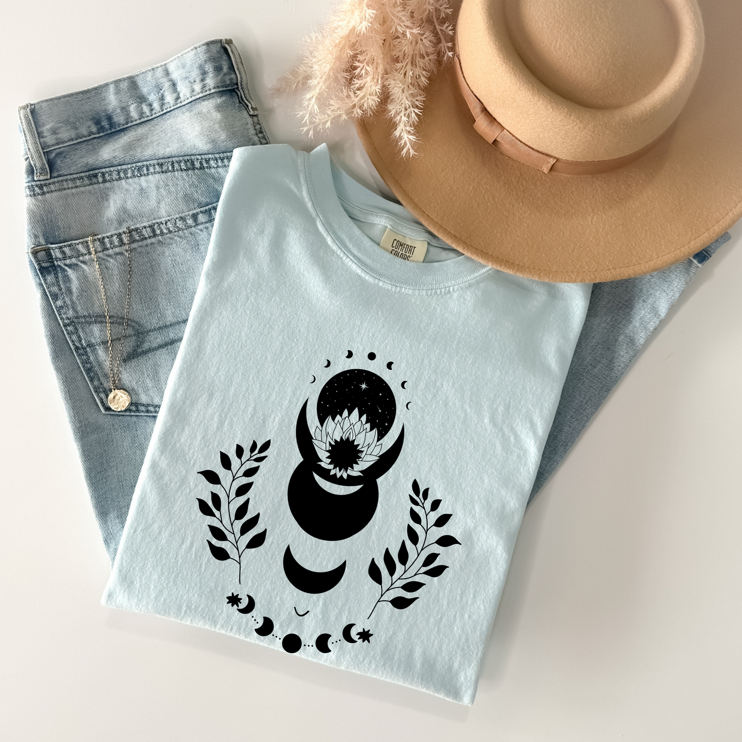 Lotus Floral Moon Phases Celestial T-Shirt
