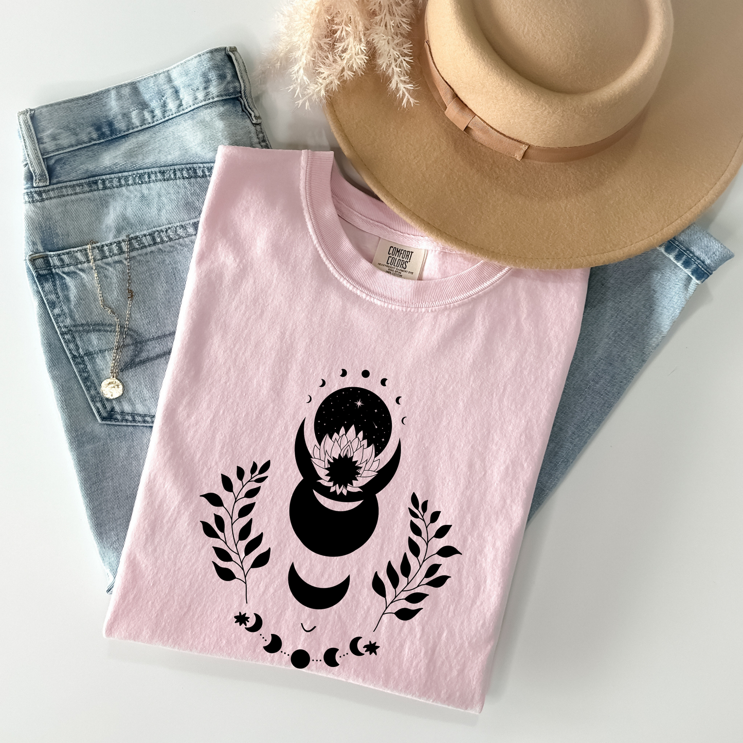 Lotus Floral Moon Phases Celestial T-Shirt
