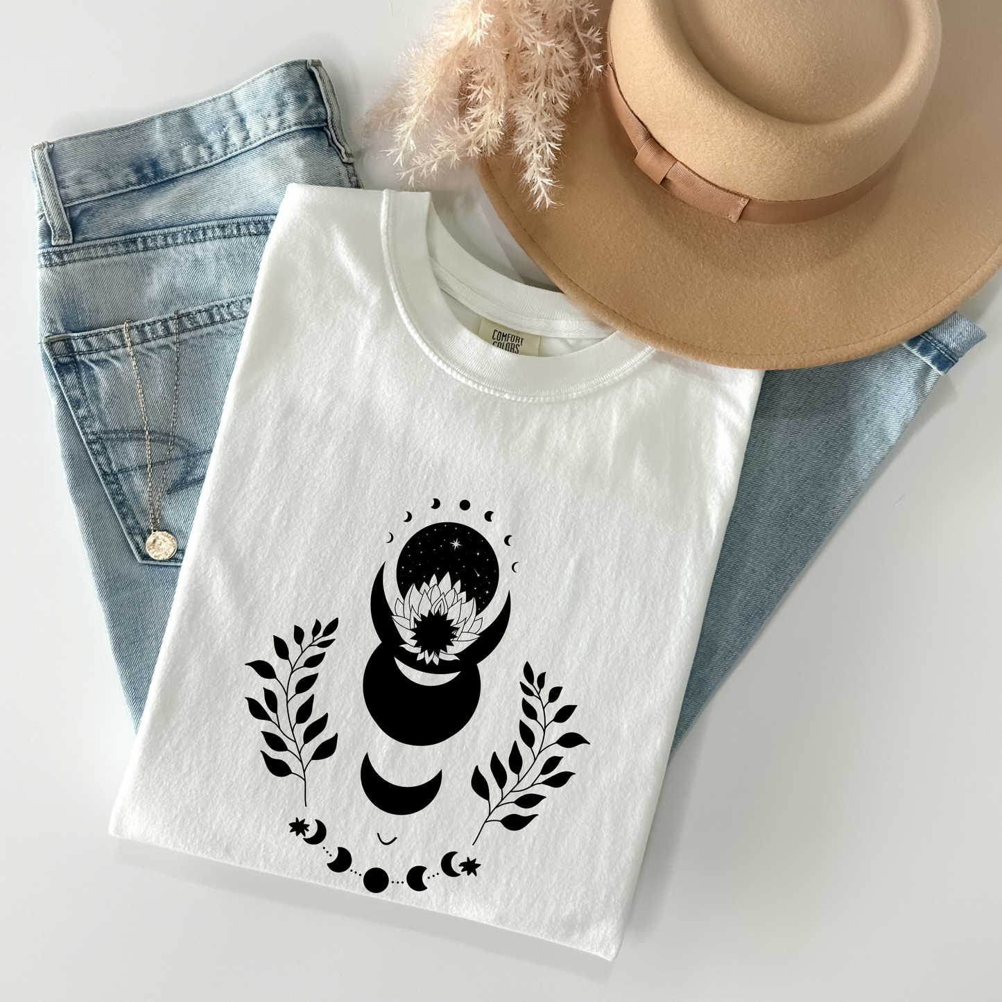 Lotus Floral Moon Phases Celestial T-Shirt