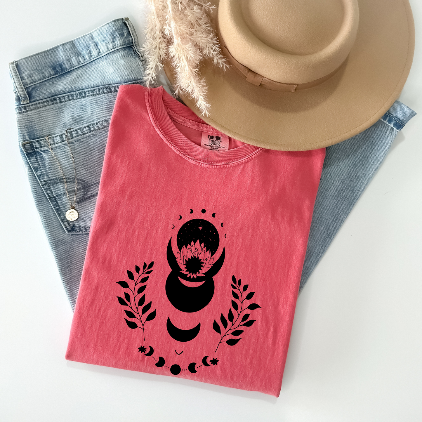 Lotus Floral Moon Phases Celestial T-Shirt