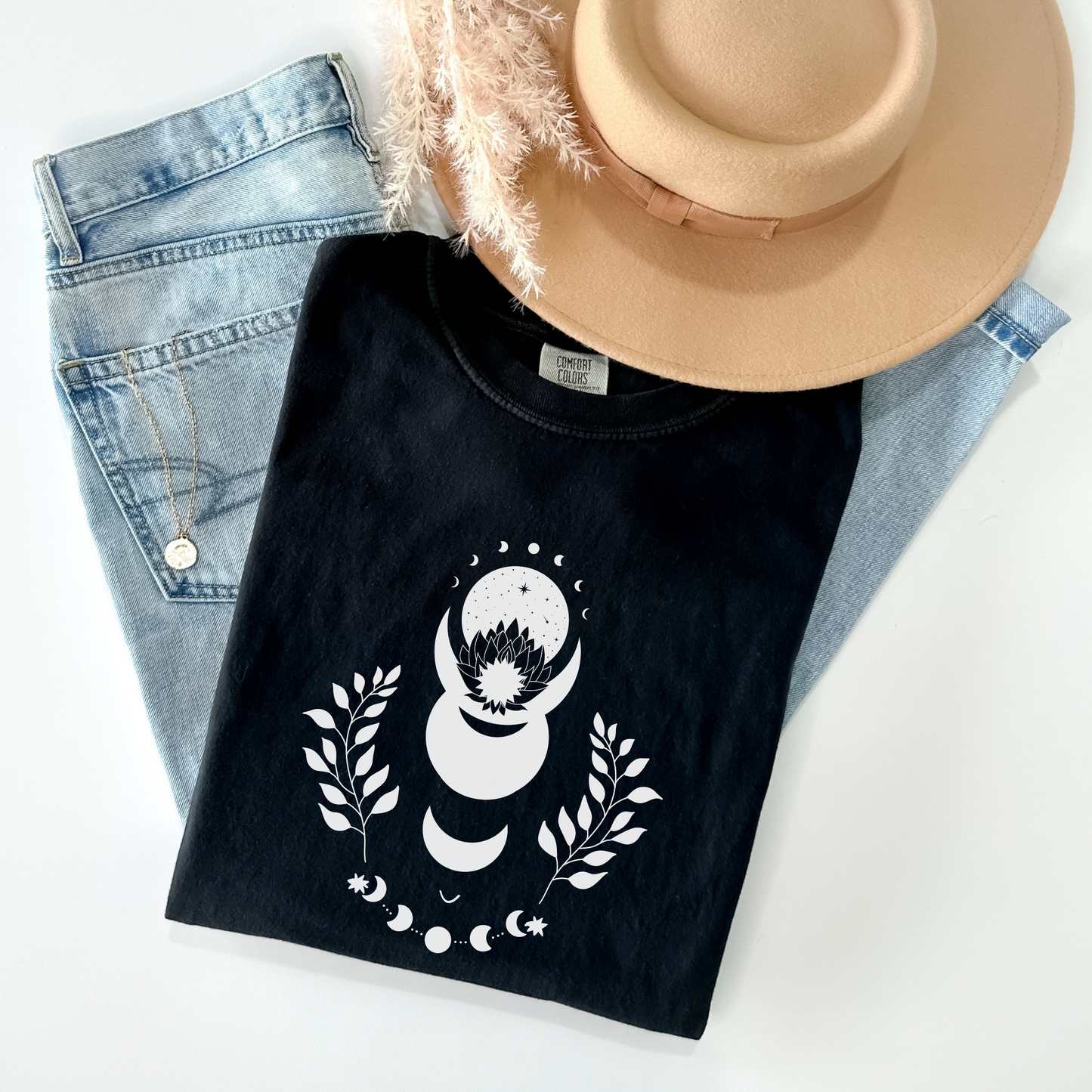 Lotus Floral Moon Phases Celestial T-Shirt