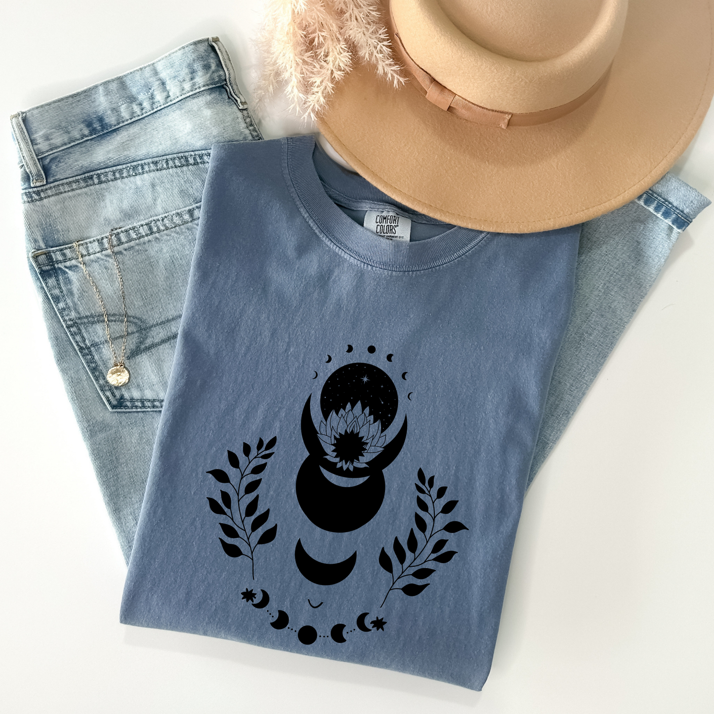 Lotus Floral Moon Phases Celestial T-Shirt