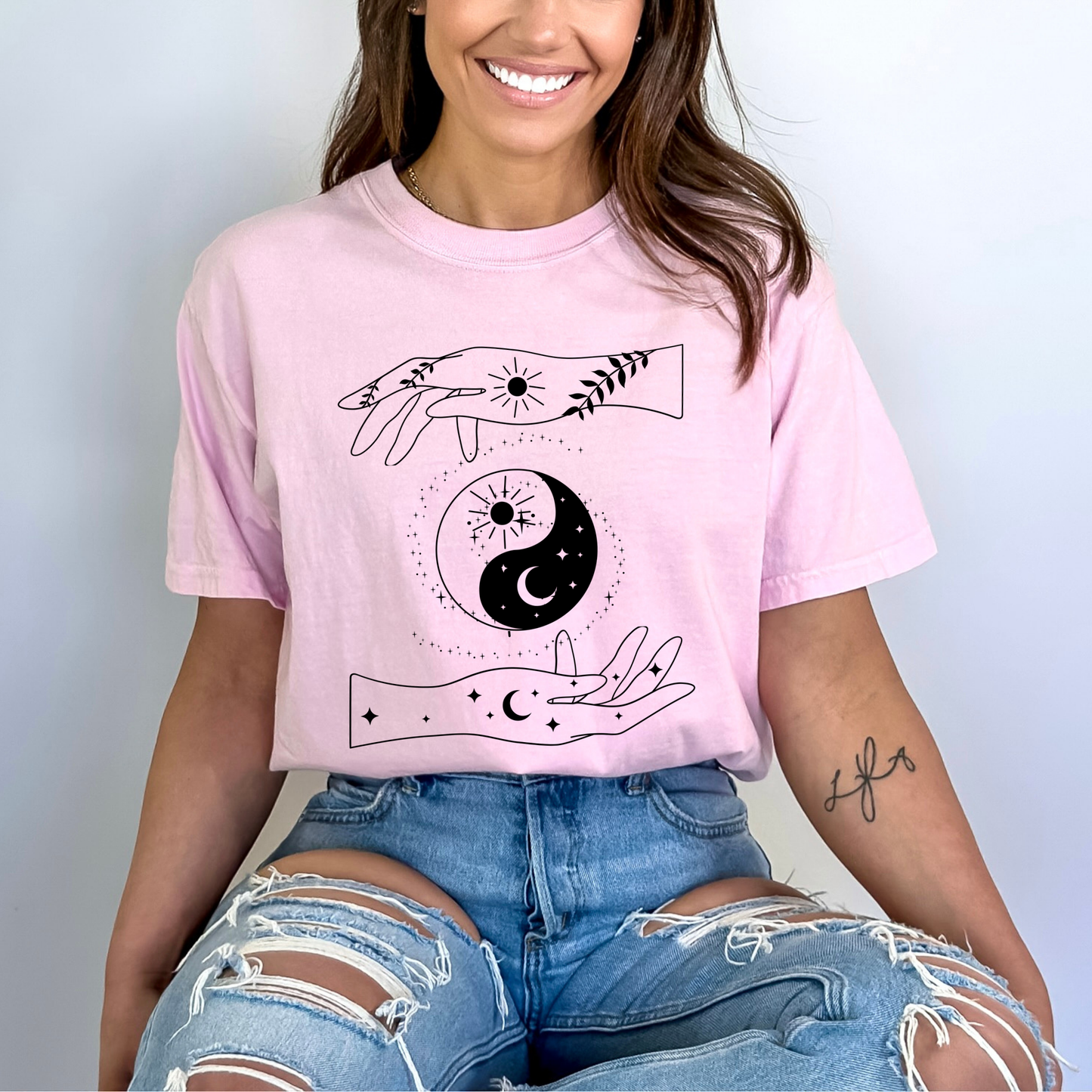Ying Yang Mystical Hands Floral T-Shirt