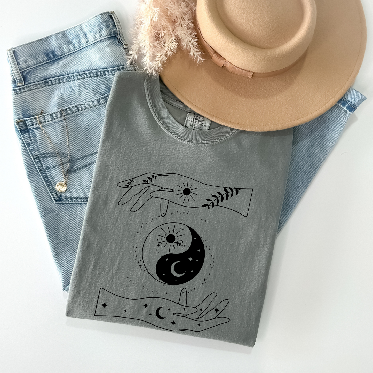 Ying Yang Mystical Hands Floral T-Shirt