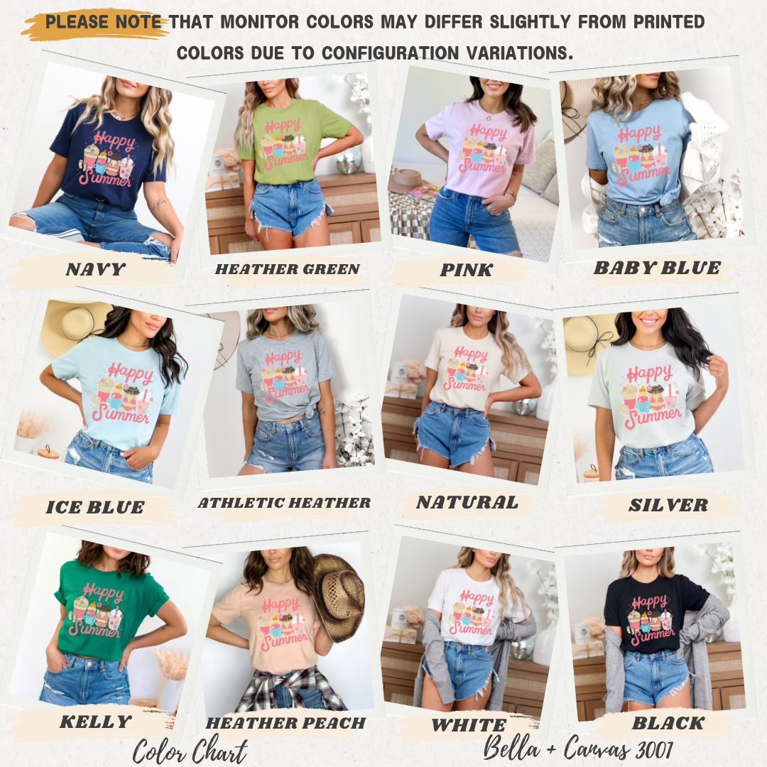 Color chart for t-shirts with 'Happy Summer' design, showing various colors and models.