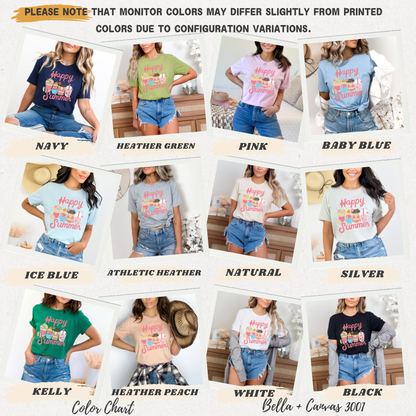 Color chart for t-shirts with 'Happy Summer' design, showing various colors and models.
