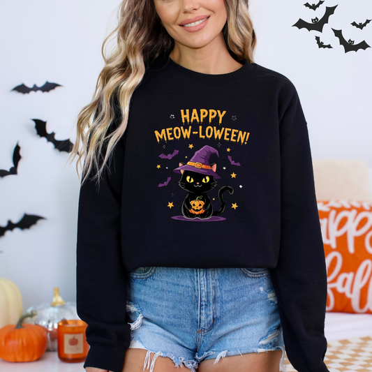 Happy Meow-loween Witchy Cat & Pumpkin Sweatshirt
