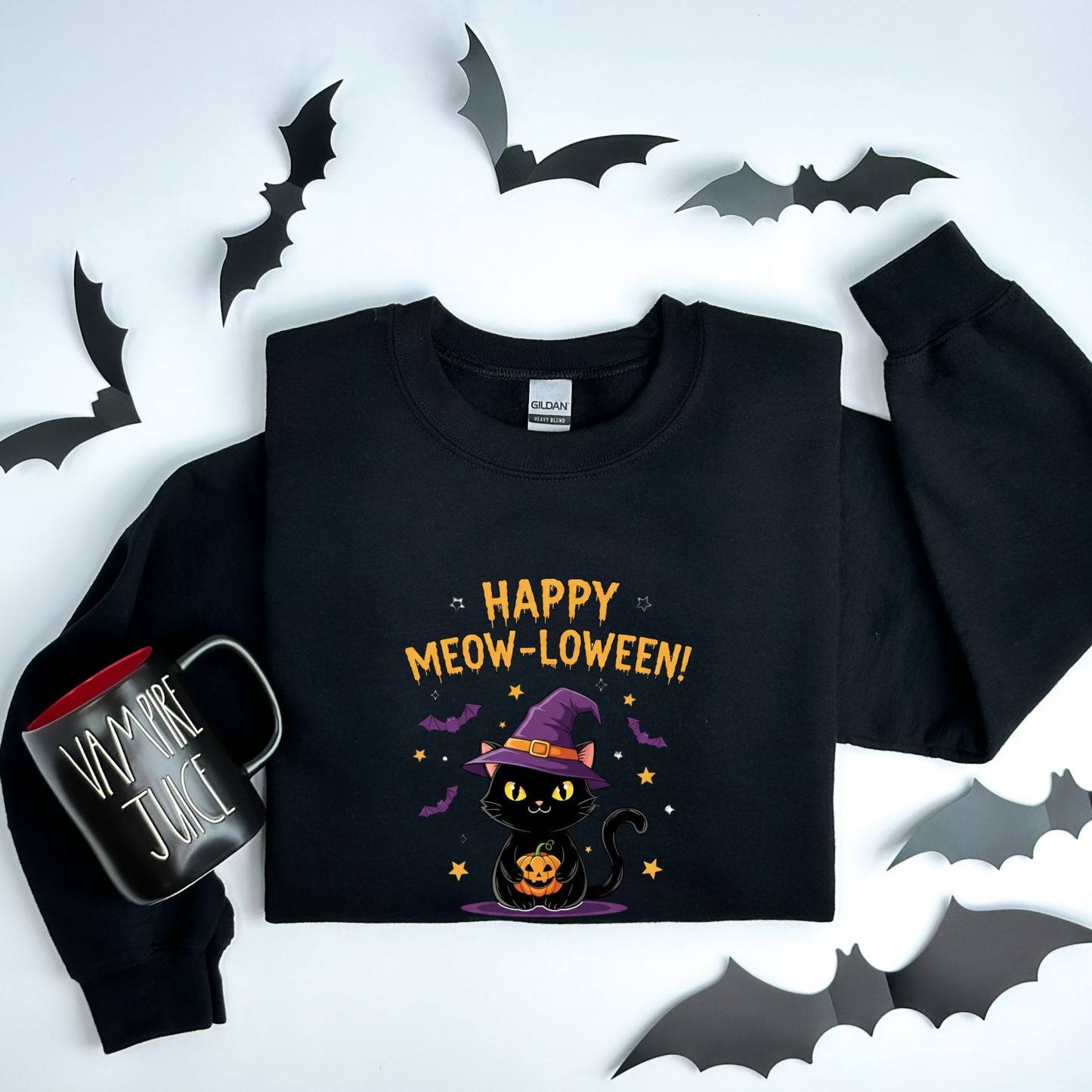Happy Meow-loween Witchy Cat & Pumpkin Sweatshirt