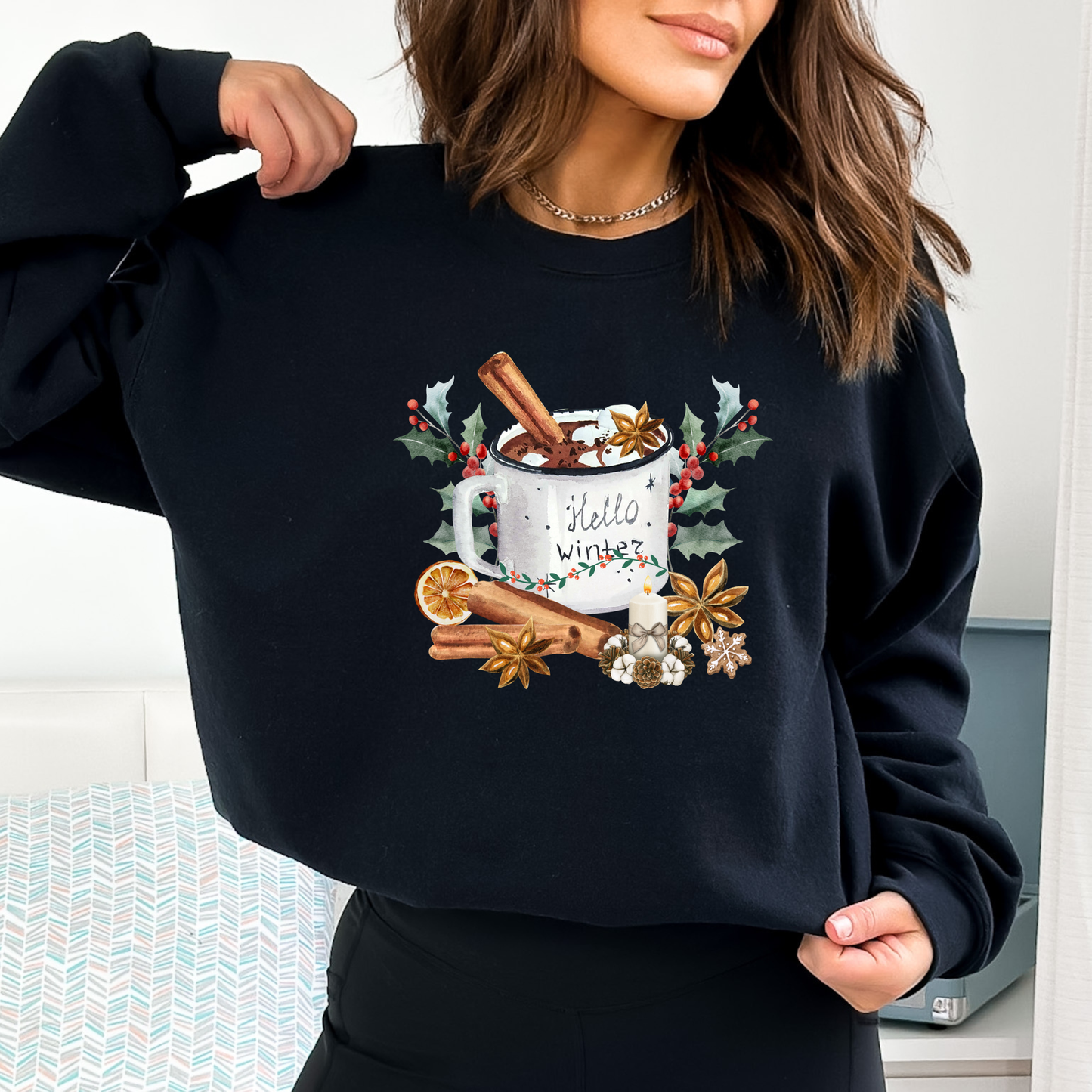 Rustic Holly and Berries Winter Mug Graphic Sweatshirt