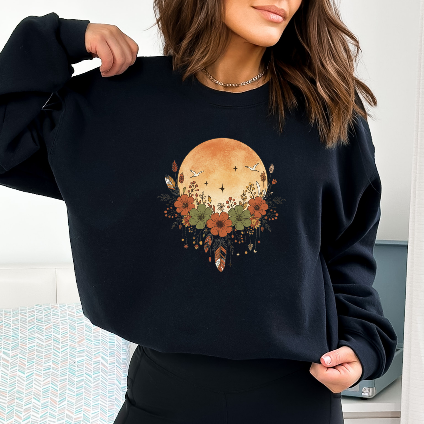Rustic Full Moon and Flowers Celestial Sweatshirt