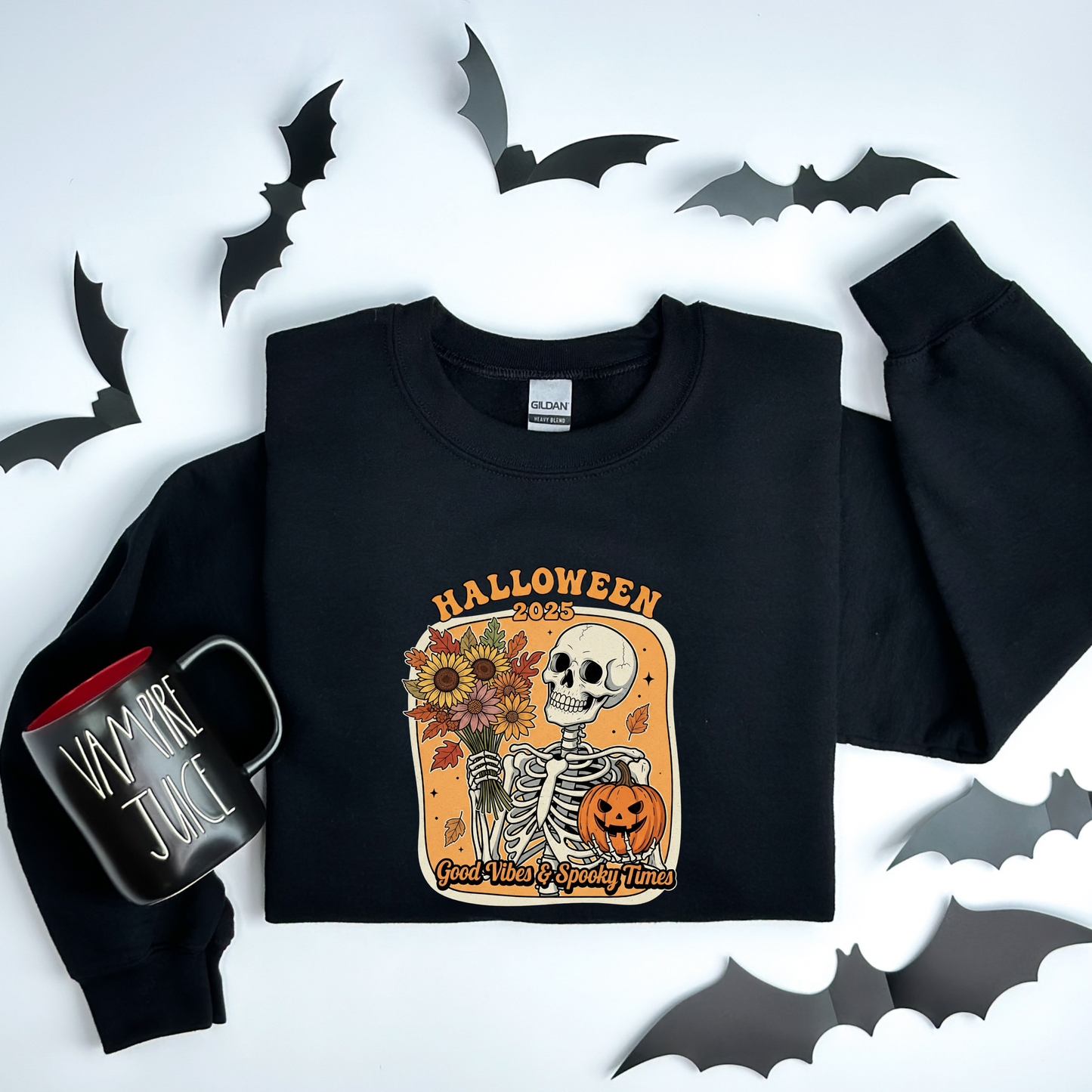 Skeleton 2025 Halloween Sweatshirt | Good Vibes & Spooky Times