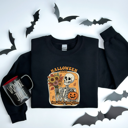 Skeleton 2025 Halloween Sweatshirt | Good Vibes & Spooky Times