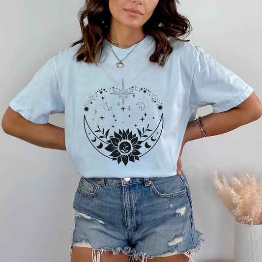 Celestial Moon with Sunflower, celestial frame border with moon and stars