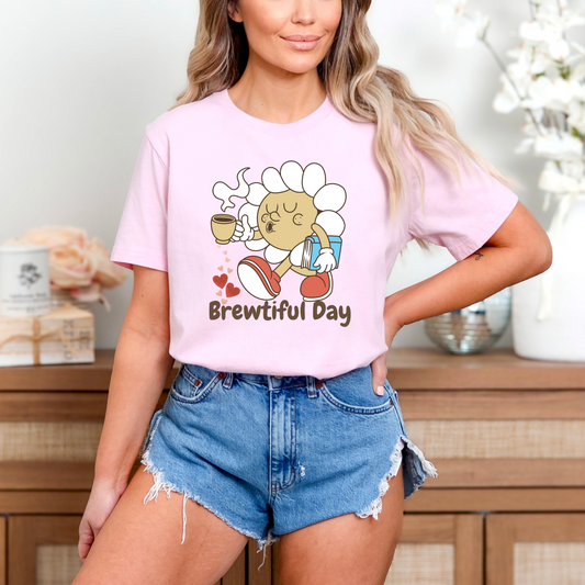 Vintage Daisy Flower Cartoon and Coffee Cup with quote Brewtiful Day