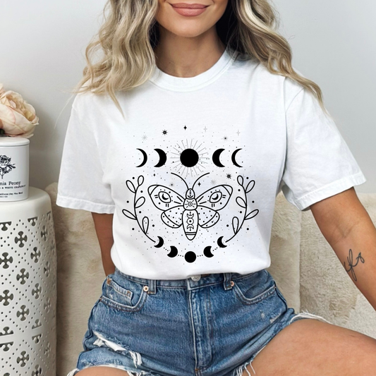 Celestial line art moth astrology, Sun with Phases of the Moon 
