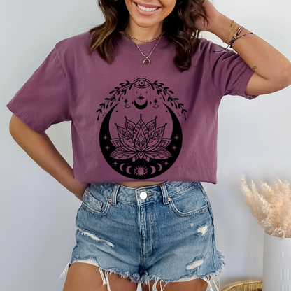Stars, Lotus Flower and Moon Phases with Eye, Leafy Branches Frame, 
