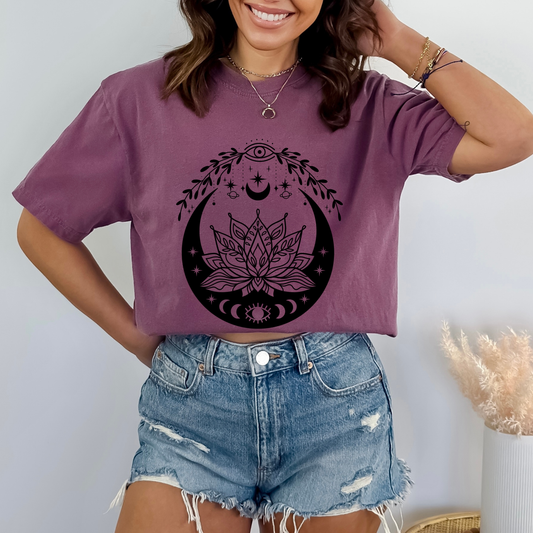 Stars, Lotus Flower and Moon Phases with Eye, Leafy Branches Frame, 