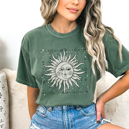 Sun and Crescent Moon with Face, Celestial moon line art