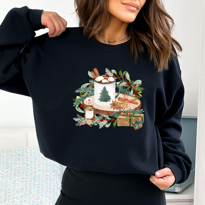 Black sweatshirt with a festive design featuring a hot chocolate mug, tree, and gift box.