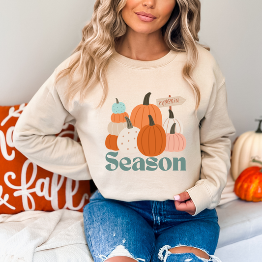 Person wearing a cream sweatshirt with pumpkin design and 'Pumpkin Season' text, sitting on a couch with pumpkins and fall-themed decor. sweatshirt featuring a graphic design with the word "Season" in a muted teal, stylized font. Above the text is a large illustration of a variety of pumpkins in shades of orange, white, and light blue, with a small sign pointing to "PUMPKIN"