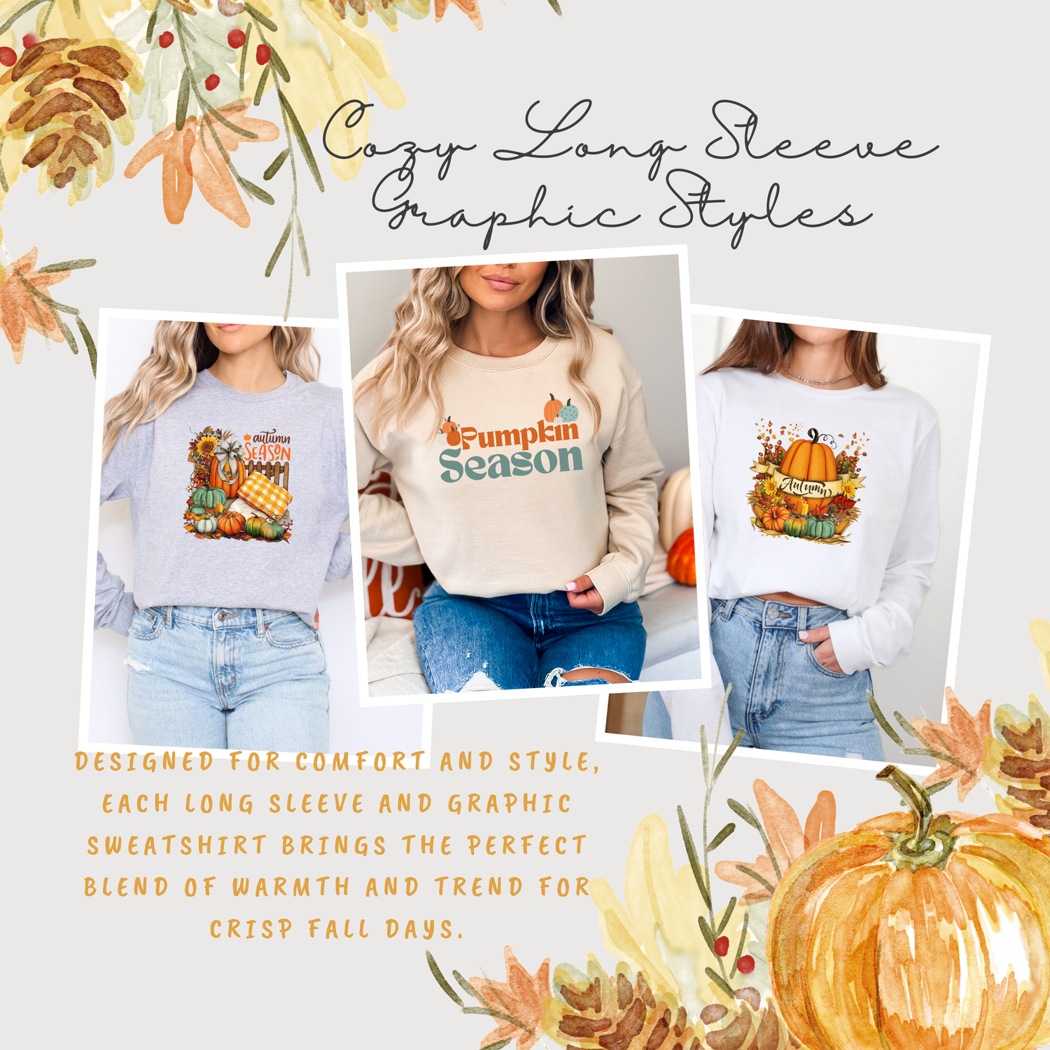 Wrap yourself in autumn vibes with our Fall/Autumn Sweatshirt Collection 🍁✨. Designed for comfort and style, each long sleeve and graphic sweatshirt brings the perfect blend of warmth and trend for crisp fall days.