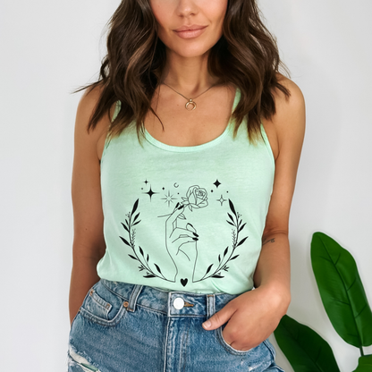 Floral Rose Hand Line art Circle with stars  Race back Tank Top