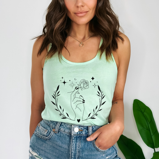 Floral Rose Hand Line art Circle with stars  Race back Tank Top