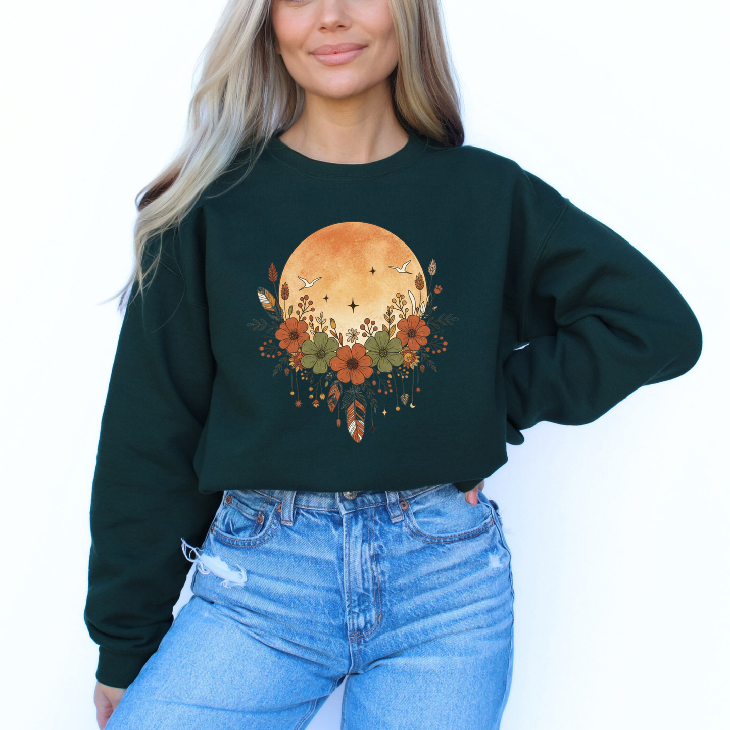 Rustic Full Moon and Flowers Celestial Sweatshirt