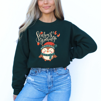 Cozy Winter Owl Sweatshirt – Seasons Greetings Holiday Pullover, Christmas Gift Idea