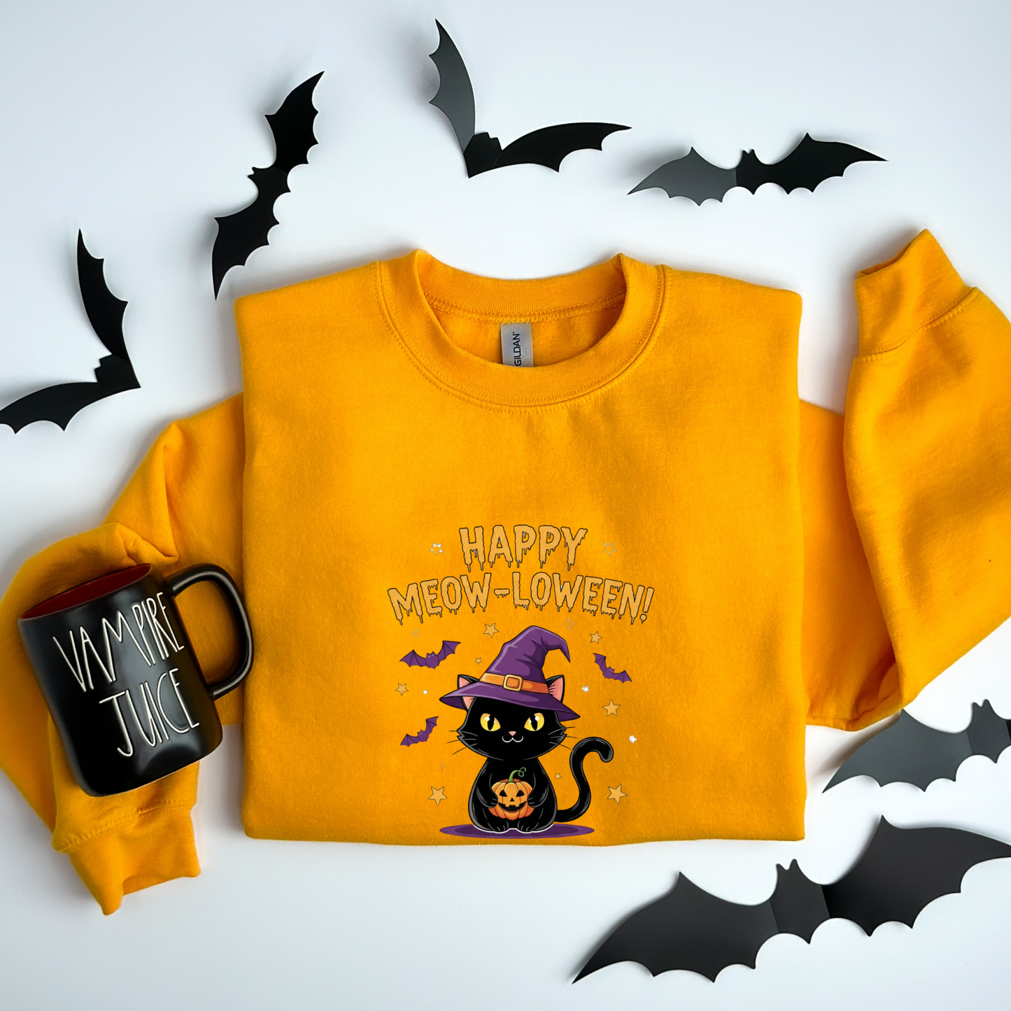 Happy Meow-loween Witchy Cat & Pumpkin Sweatshirt