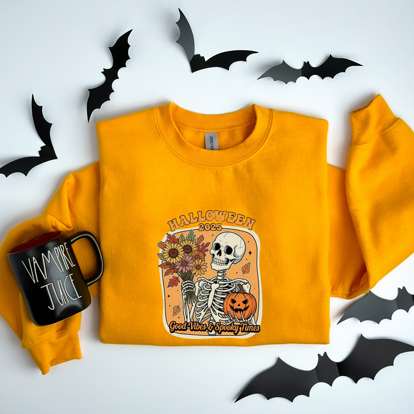 Skeleton 2025 Halloween Sweatshirt | Good Vibes & Spooky Times