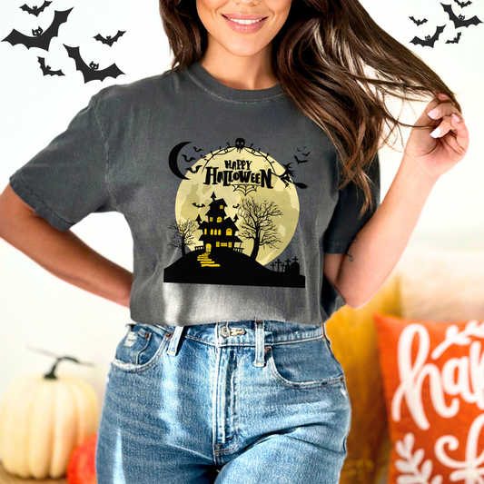 spooky hallowen castle, the witch, bats, and skull