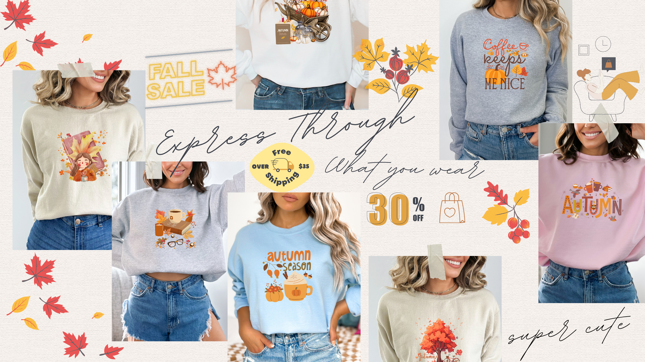 Collage of people wearing sweatshirts with autumn-themed designs and text.